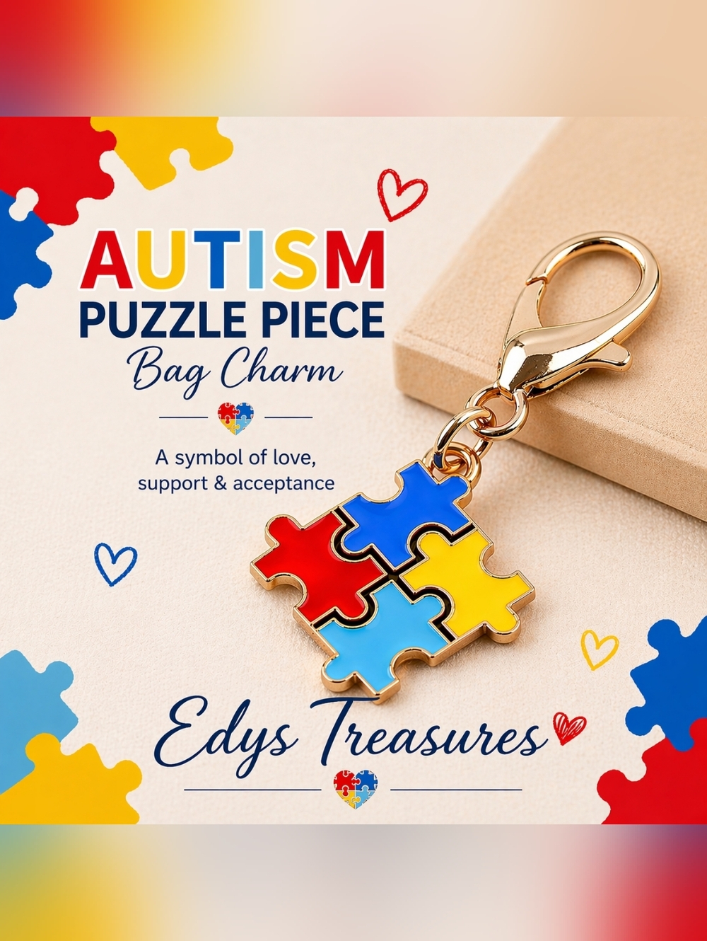 Small Autism Puzzle Piece Bag Charm Keychain NWOT